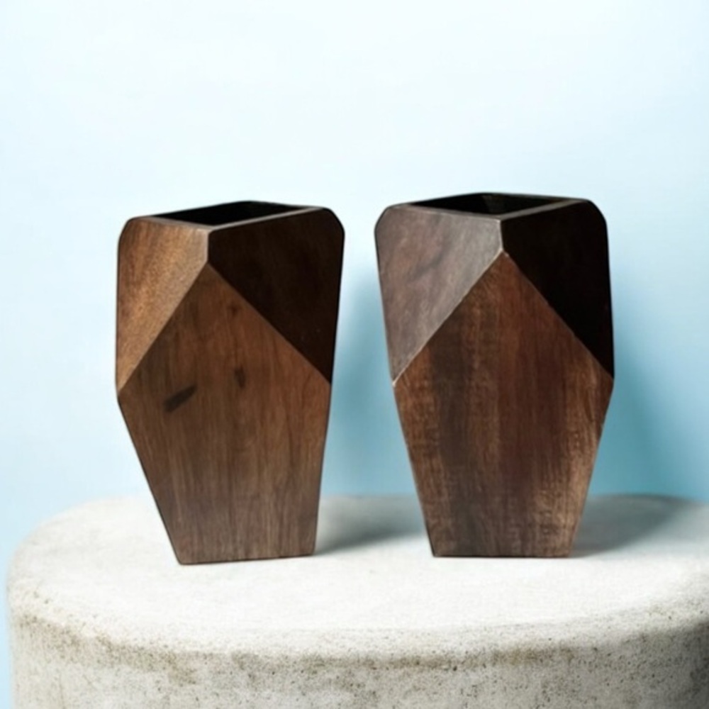 Wood Vase/Planter Geometric Mid Century Design Boho minimalist 11.6” set 2…